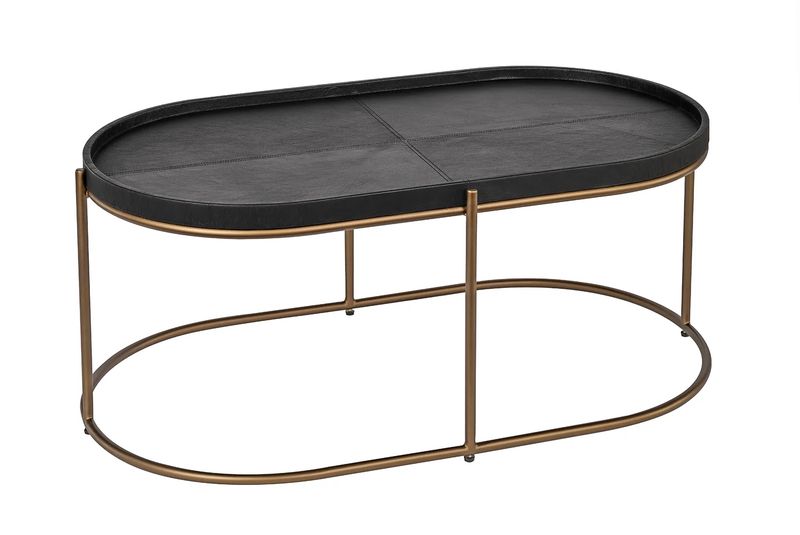 Oval Brass Frame Black Leather Sofabord - Home Factory